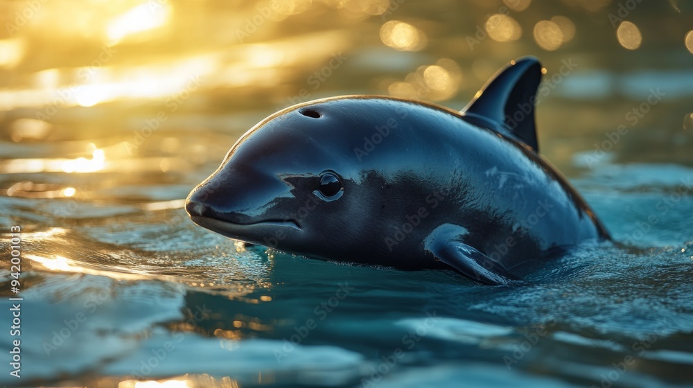 Fototapeta premium Vaquita Foraging in Tranquil Sheltered Bay, Delicate Movements, Feeding Behavior Visible, Ideal for Marine Conservation Education