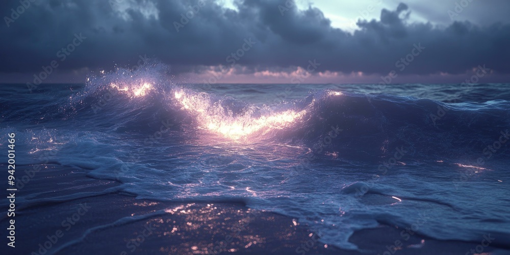 Naklejka premium Golden light illuminates crashing waves.