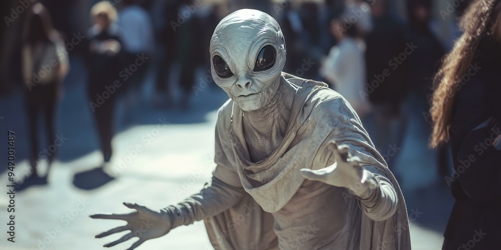 Alien in grey costume with outstretched hand. Alien in grey costume with outstretched hand.