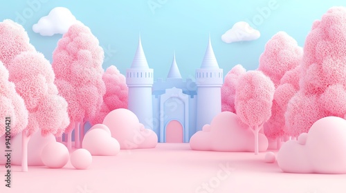Pastel anime fantasy land, castles and unicorns in soft colors.