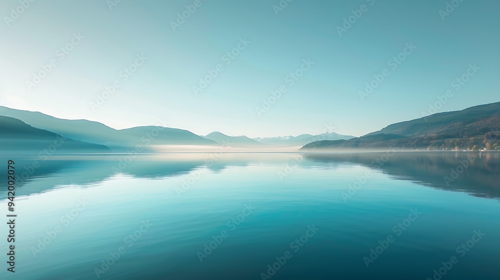 A tranquil lakeside view with smooth, glassy water mirroring the clear sky and distant mountains, creating a sense of stillness and calm A tranquil lakeside view with smooth, glassy water mirroring the clear sky and distant mountains, creating a sense of stillness and calm