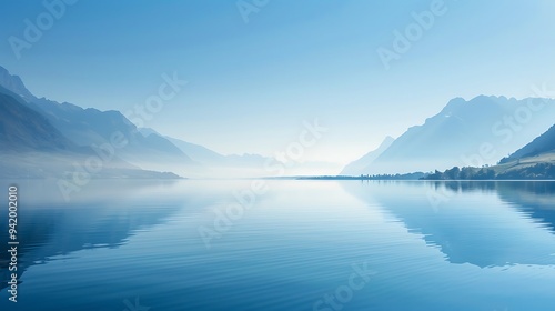 A tranquil lakeside view with smooth, glassy water mirroring the clear sky and distant mountains, creating a sense of stillness and calm