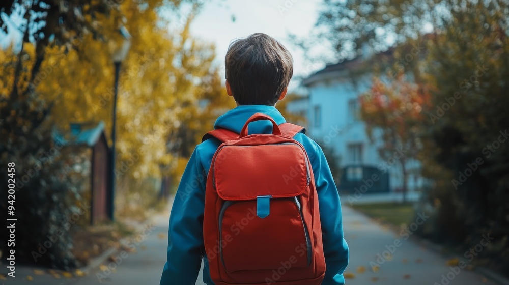 Back to School Journey: Boy with Backpack Heading to School Back to School Journey: Boy with Backpack Heading to School