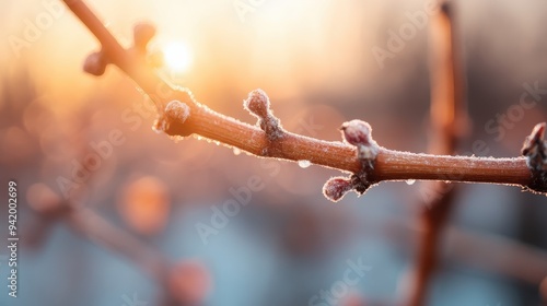 A frosted tree branch with budding leaves reaches out in the early morning sunlight, capturing the beauty of winter transitioning into spring with a delicate sparkle.