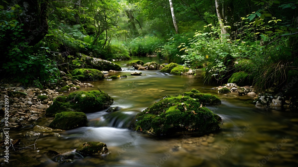 Fototapeta premium A gentle stream flowing through a quiet forest, with soft moss-covered rocks and the sound of trickling water creating a meditative ambiance
