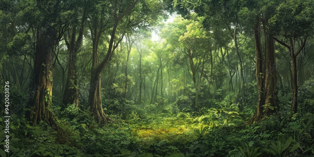 Fototapeta premium Lush green jungle with tall trees.