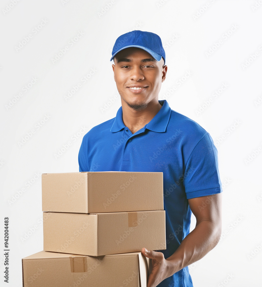 Mail delivery, a young man 20-30 years old Afro-American with a paper box in his hands, smiling, standing on a light background Mail delivery, a young man 20-30 years old Afro-American with a paper box in his hands, smiling, standing on a light background