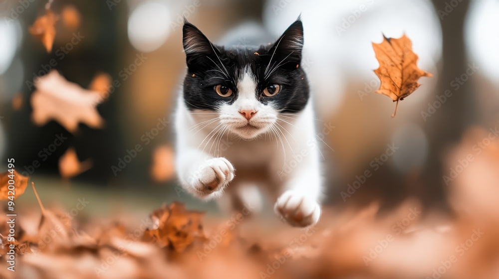 A black-and-white cat captured in mid-air, leaping energetically through a pile of autumn leaves, showcasing its agility and playful nature. A black-and-white cat captured in mid-air, leaping energetically through a pile of autumn leaves, showcasing its agility and playful nature.