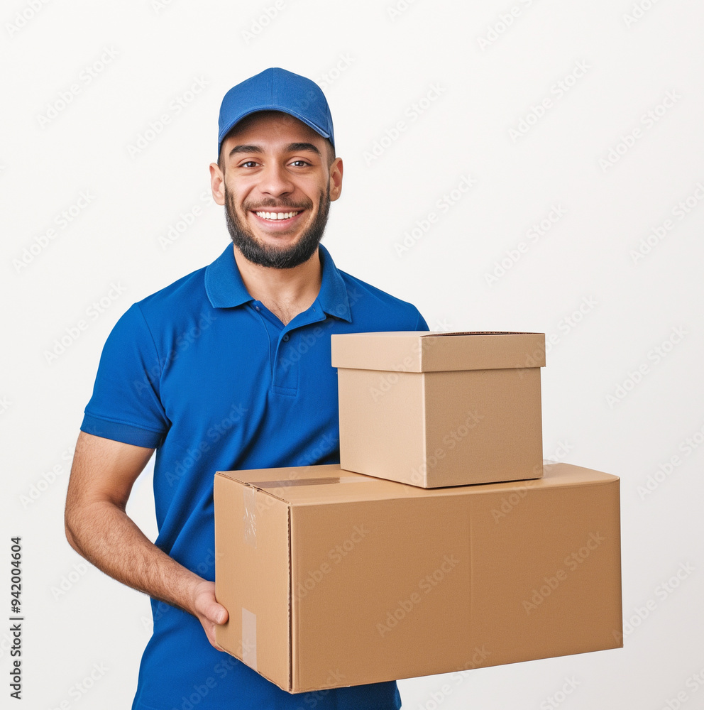 Mail delivery, a young man 20-30 years old Afro-American with a paper box in his hands, smiling, standing on a light background Mail delivery, a young man 20-30 years old Afro-American with a paper box in his hands, smiling, standing on a light background