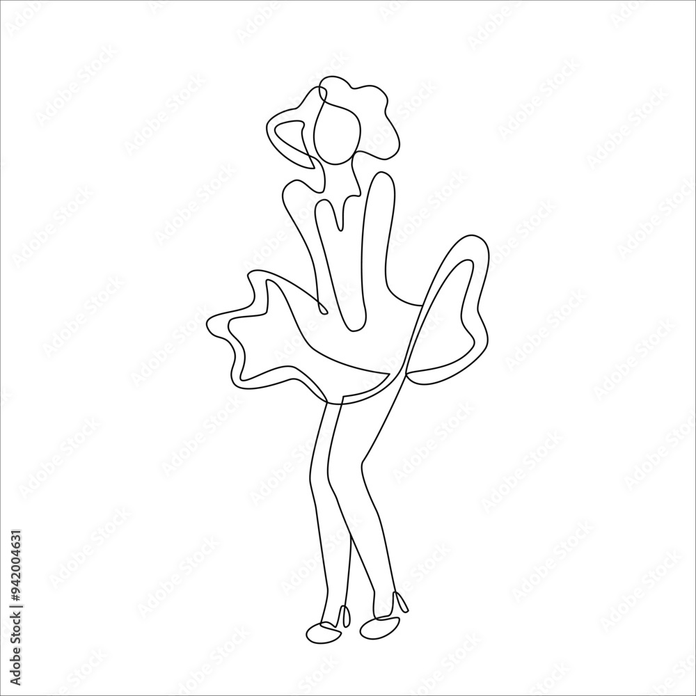 One continuous line portrait of woman posing as famous American actress, coquettishly holding the fluttering hem of her dress. Vector illustration. One continuous line portrait of woman posing as famous American actress, coquettishly holding the fluttering hem of her dress. Vector illustration.
