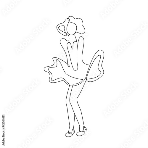 One continuous line portrait of woman posing as famous American actress, coquettishly holding the fluttering hem of her dress. Vector illustration.
