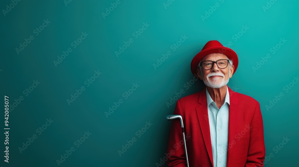An elderly man wearing a red hat and matching blazer, leaning on a cane with a joyful smile against a teal background, embodying wisdom, style, and positive energy. An elderly man wearing a red hat and matching blazer, leaning on a cane with a joyful smile against a teal background, embodying wisdom, style, and positive energy.
