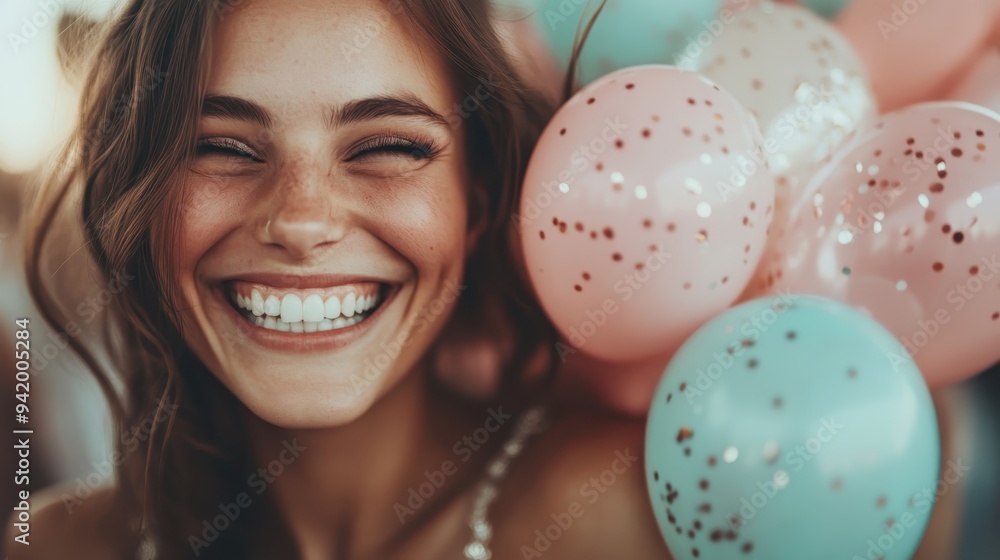 A young woman with a bright smile, holding colorful balloons, radiating happiness and joy in a festive atmosphere, capturing the essence of celebration and youth. A young woman with a bright smile, holding colorful balloons, radiating happiness and joy in a festive atmosphere, capturing the essence of celebration and youth.