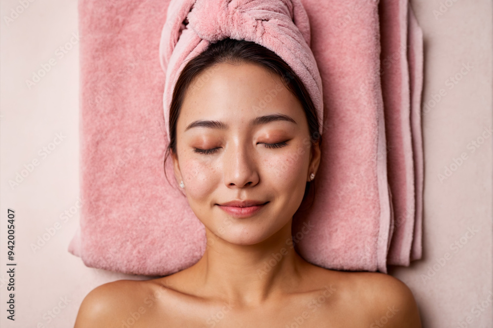 Woman with closed eyes, pink towel on her head, lying on massage table, smiling and relaxing after beauty treatment in spa beauty salon. Beauty and skin care routine concept for banner or flyer. Woman with closed eyes, pink towel on her head, lying on massage table, smiling and relaxing after beauty treatment in spa beauty salon. Beauty and skin care routine concept for banner or flyer.