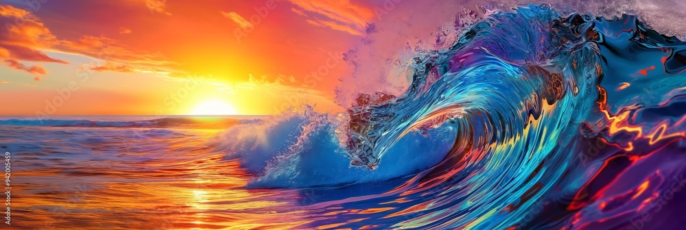 A wave crashing on the shore with a sunset in the background. The colors of the sunset are orange and pink, creating a warm and peaceful mood. The wave is large and powerful A wave crashing on the shore with a sunset in the background. The colors of the sunset are orange and pink, creating a warm and peaceful mood. The wave is large and powerful