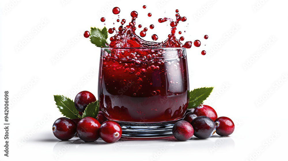 Refreshing cranberry juice splashes in glass, surrounded by fresh cranberries and green leaves, evoking sense of vitality and enjoyment. Refreshing cranberry juice splashes in glass, surrounded by fresh cranberries and green leaves, evoking sense of vitality and enjoyment.