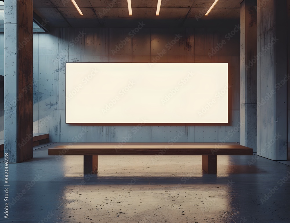 Contemporary gallery space featuring a sleek wooden bench under bright LED lighting, creating a minimalist and modern atmosphere. Ideal for showcasing art or innovative designs. Contemporary gallery space featuring a sleek wooden bench under bright LED lighting, creating a minimalist and modern atmosphere. Ideal for showcasing art or innovative designs.