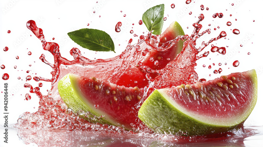 Fresh watermelon slices splash in water, creating vibrant and refreshing scene. image conveys sense of joy and vitality. Fresh watermelon slices splash in water, creating vibrant and refreshing scene. image conveys sense of joy and vitality.