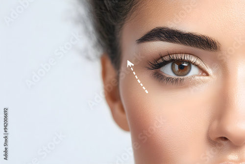 Face lift effect after anti aging procedure. Skin care concept. Woman with white arrows on the face. Lifting effect concept.