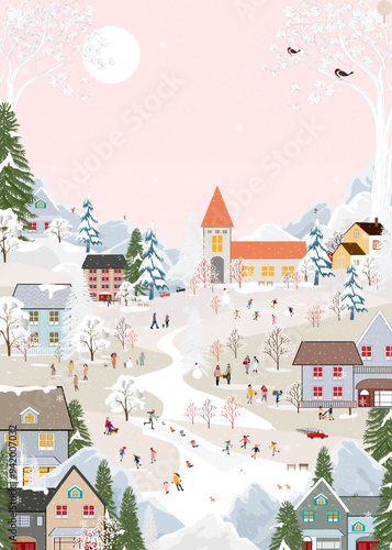 Christmas Background,Winter city landscape people celebration on street in town with snow falling on tree,Vector Cute banner Happy Family,Children having fun in village at night on New Year Eve 2025