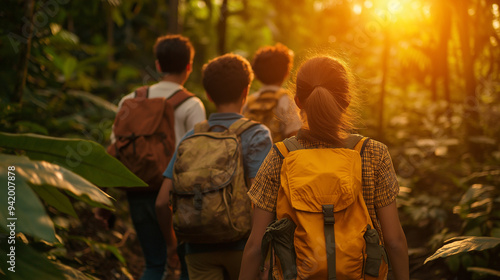 Friends trekking through a lush forest, pausing to observe wildlife, demonstrating a shared love for adventure and respect for nature. Adventure, Friendship, Wildlife Appreciation,