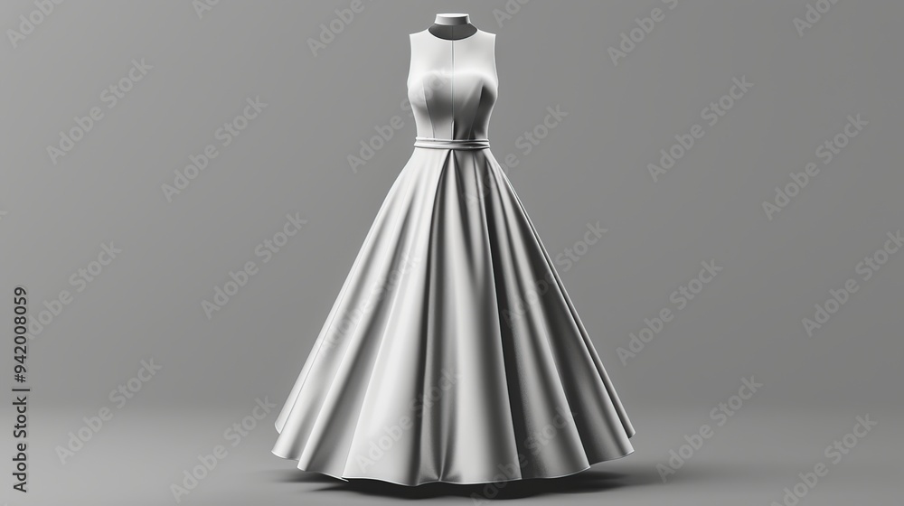 A white sleeveless gown with a high neckline and a tied waist on a grey background. A white sleeveless gown with a high neckline and a tied waist on a grey background.