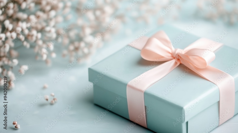 An elegant light blue gift box wrapped with a pink ribbon, placed among delicate floral decorations, creating a serene and sophisticated visual for gifting and celebration. An elegant light blue gift box wrapped with a pink ribbon, placed among delicate floral decorations, creating a serene and sophisticated visual for gifting and celebration.