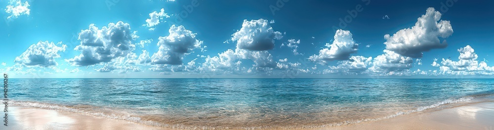 Fototapeta Coastal landscape with clear turquoise water and rocky shoreline under a bright blue sky