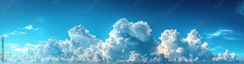 Naklejka premium Fluffy clouds in a bright blue sky over calm water