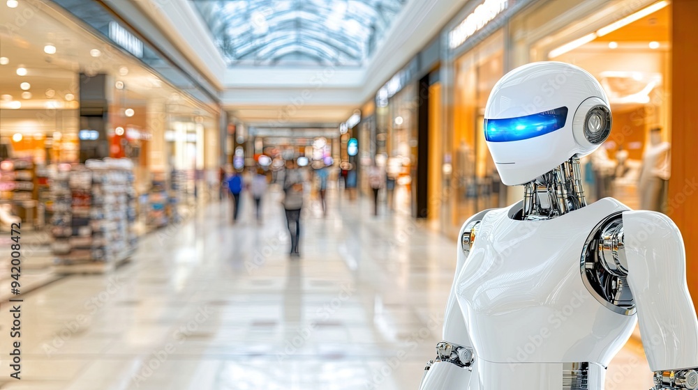 A humanoid robot with blue glowing eyes and a silver neck collar stands in a busy shopping mall, where visitors explore various shops in a modern atmosphere A humanoid robot with blue glowing eyes and a silver neck collar stands in a busy shopping mall, where visitors explore various shops in a modern atmosphere