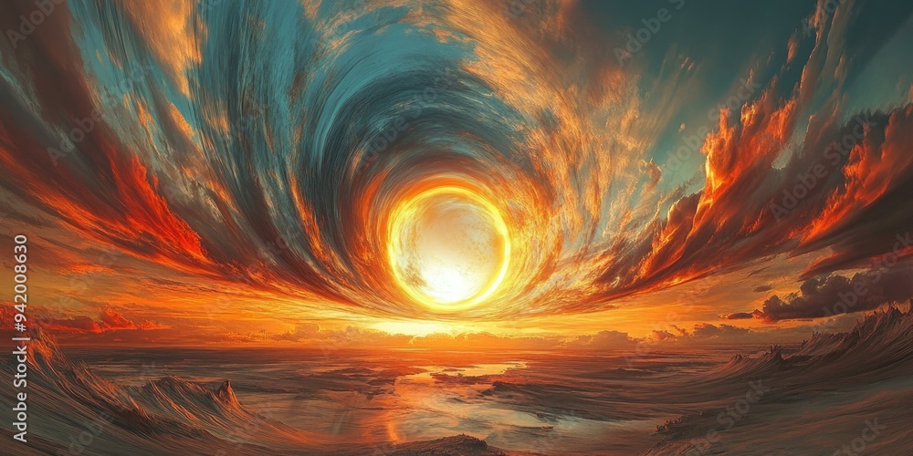 A swirling sunset with a glowing orb. A swirling sunset with a glowing orb.