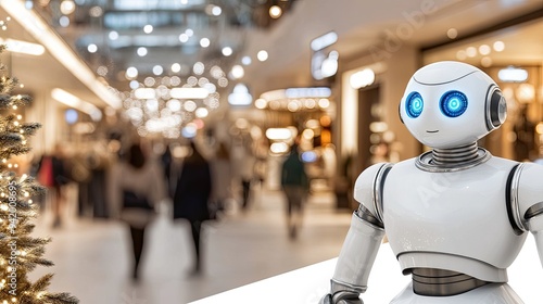 Wallpaper Mural A humanoid robot with blue glowing eyes and a silver neck collar stands in a busy shopping mall, where visitors explore various shops in a modern atmosphere Torontodigital.ca