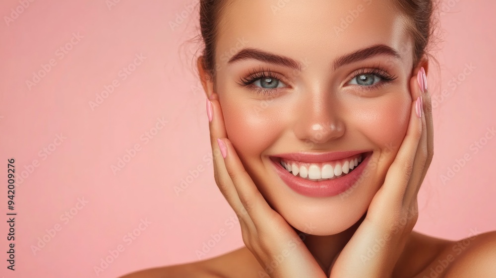 A smiling young woman with a bright manicure A smiling young woman with a bright manicure