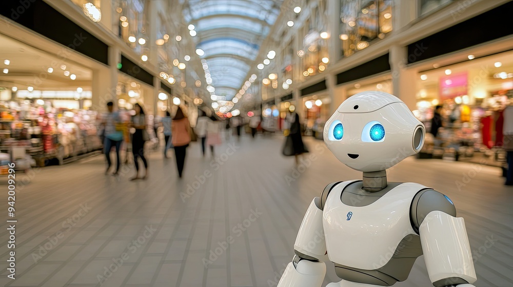 A humanoid robot with blue glowing eyes and a silver neck collar stands in a busy shopping mall, where visitors explore various shops in a modern atmosphere A humanoid robot with blue glowing eyes and a silver neck collar stands in a busy shopping mall, where visitors explore various shops in a modern atmosphere