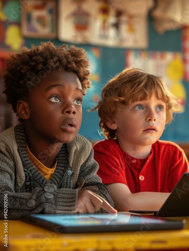 Two young children look attentively at a tablet in school. AI.