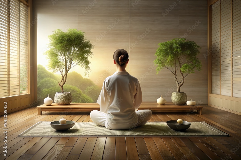 Zen Meditation: Neutral colors, simple lines, contemplative poses, peaceful ambiance Zen Meditation: Neutral colors, simple lines, contemplative poses, peaceful ambiance