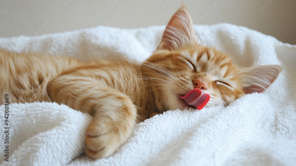 Cute ginger cat sleeping with tongue out, funny and adorable. Total exhausted. Cute ginger cat sleeping with tongue out, funny and adorable. Total exhausted.
