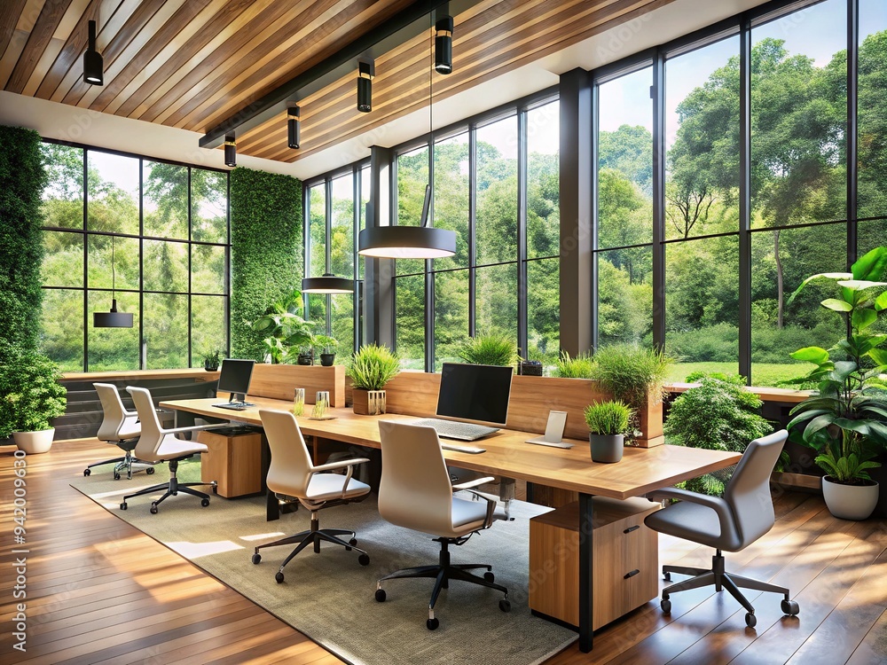 Modern open-concept office space with sleek wooden desks, ergonomic chairs, and floor-to-ceiling windows, surrounded by lush greenery and ambient natural light. Modern open-concept office space with sleek wooden desks, ergonomic chairs, and floor-to-ceiling windows, surrounded by lush greenery and ambient natural light.