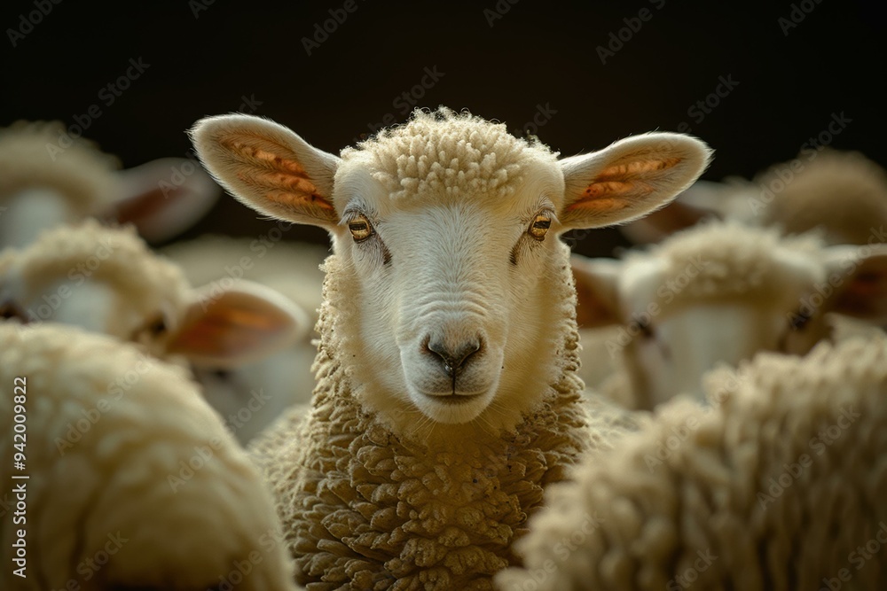 Fototapeta premium A sheep stares intently at the camera, surrounded by its flock. AI.