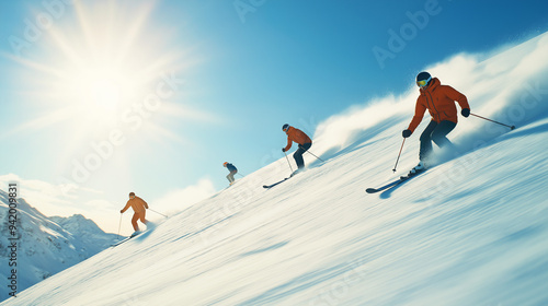 A dynamic scene of skiers a...