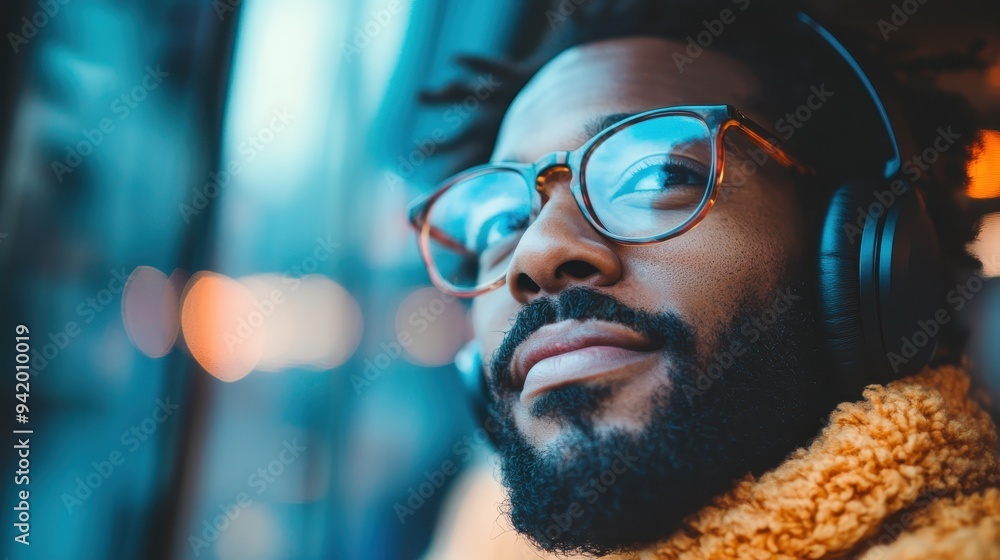 An individual with glasses and headphones gazes out a window, possibly lost in thought or enjoying music, with a backdrop of softly blurred urban scenery and lights. An individual with glasses and headphones gazes out a window, possibly lost in thought or enjoying music, with a backdrop of softly blurred urban scenery and lights.