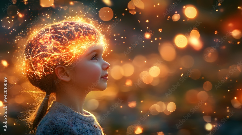 A young child's brain operated by artificial intelligence, with glowing neural connections. A young child's brain operated by artificial intelligence, with glowing neural connections.