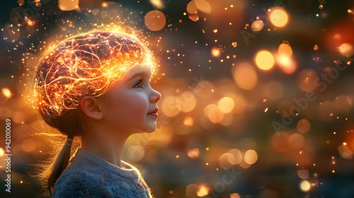 A young child's brain operated by artificial intelligence, with glowing neural connections.
