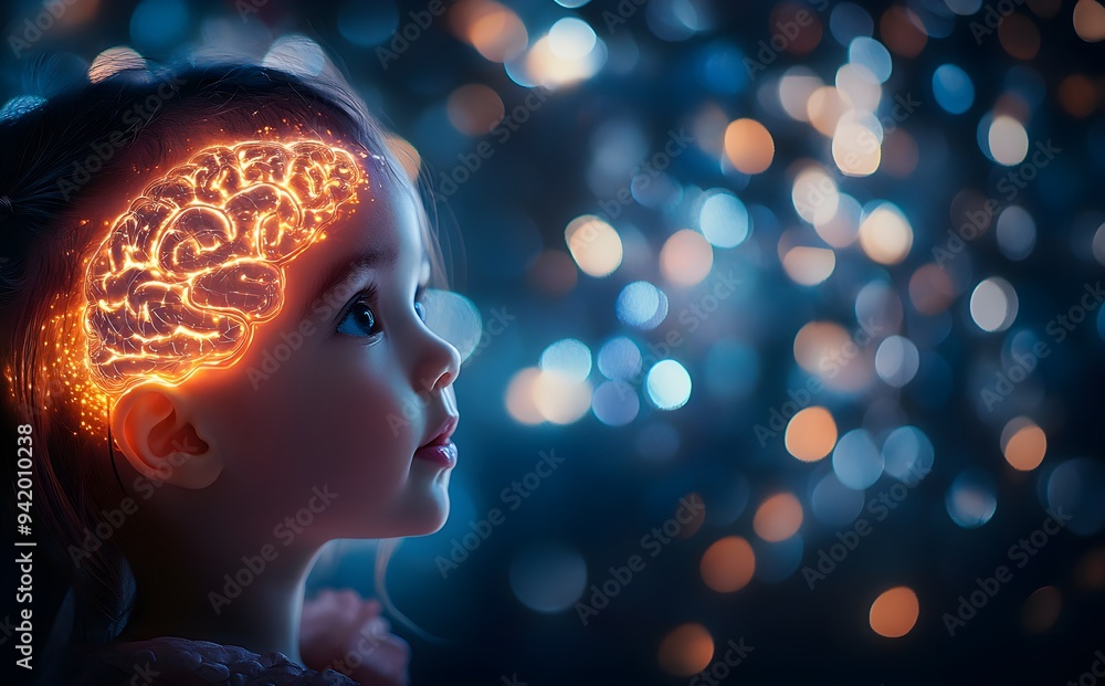 A young child's brain operated by artificial intelligence, with glowing neural connections. A young child's brain operated by artificial intelligence, with glowing neural connections.