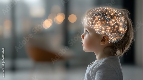 A young child's brain operated by artificial intelligence, with glowing neural connections.