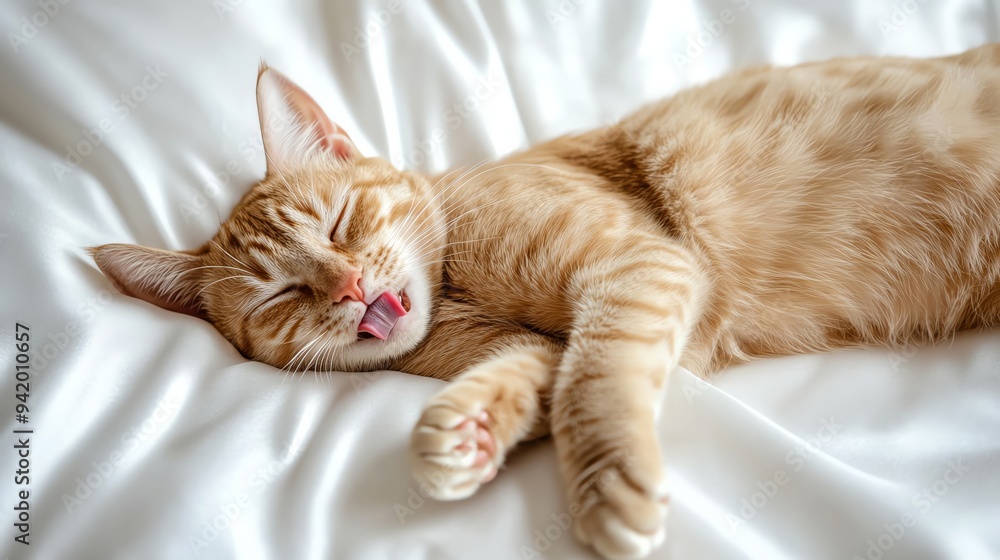 Cute ginger cat sleeping with tongue out, funny and adorable. Total exhausted. Cute ginger cat sleeping with tongue out, funny and adorable. Total exhausted.
