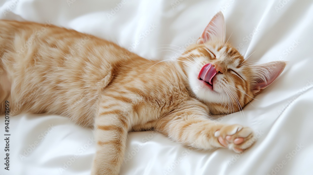 Cute ginger cat sleeping with tongue out, funny and adorable. Total exhausted. Cute ginger cat sleeping with tongue out, funny and adorable. Total exhausted.