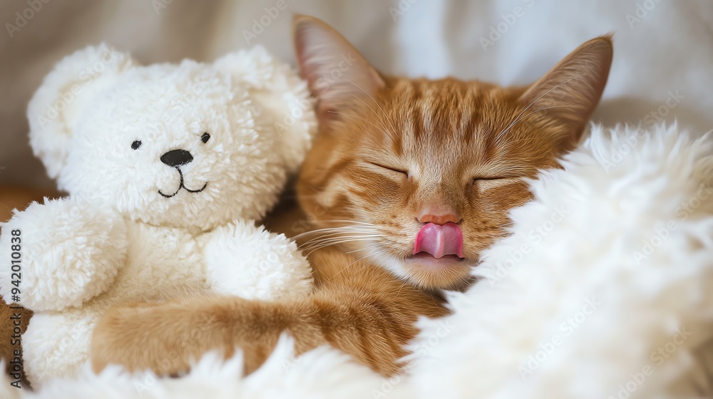 Fototapeta premium Cute ginger cat sleeping with tongue out, funny and adorable. Total exhausted.