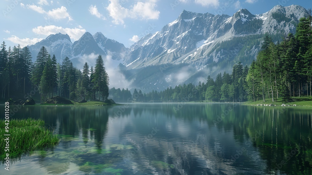 Mountains, lake and green field landscape Mountains, lake and green field landscape