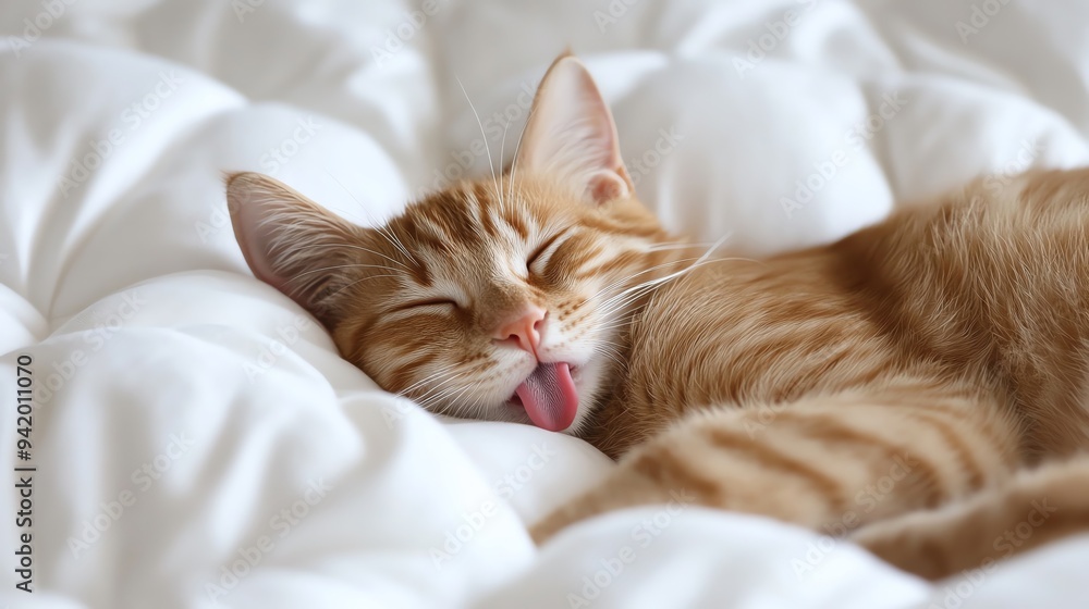 Cute ginger cat sleeping with tongue out, funny and adorable. Total exhausted. Cute ginger cat sleeping with tongue out, funny and adorable. Total exhausted.